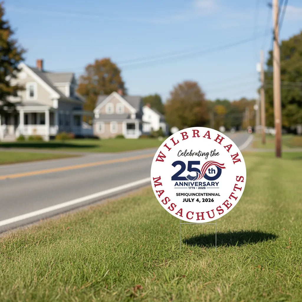 Lawn Sign Celebrating the United States 250th Anniversary proudly in Wilbraham, Massachusetts. 