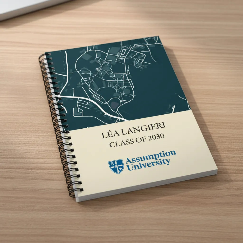 Personalized spiral journal featuring a custom map of the college location on the cover, customized with the student name 'Léa Langieri', 'Class of 2030', and the Assumption University logo.