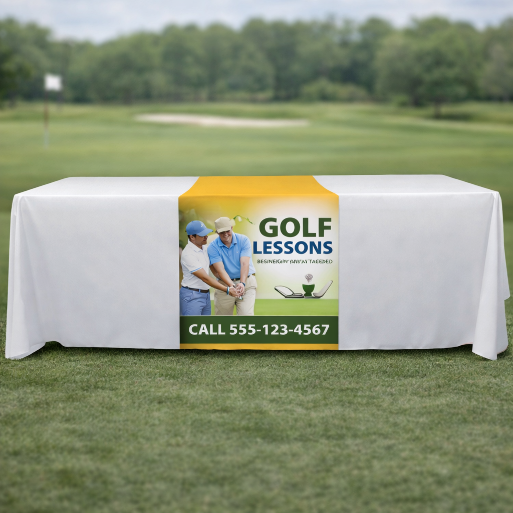24 Inch Table runner on a table advertising golf lessons on a golf course.