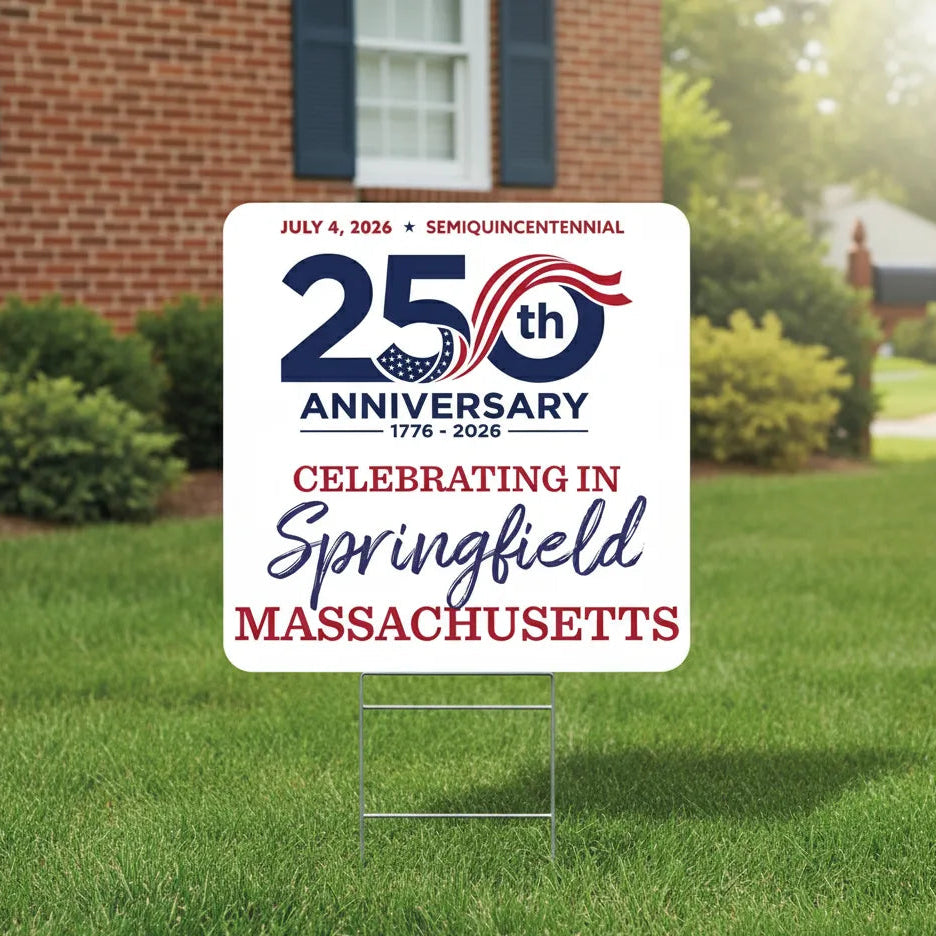 Garden sign celebrating the 250th anniversary of the United States on July 4th, 2026, in South Windsor, Connecticut, in front of a brick house.
