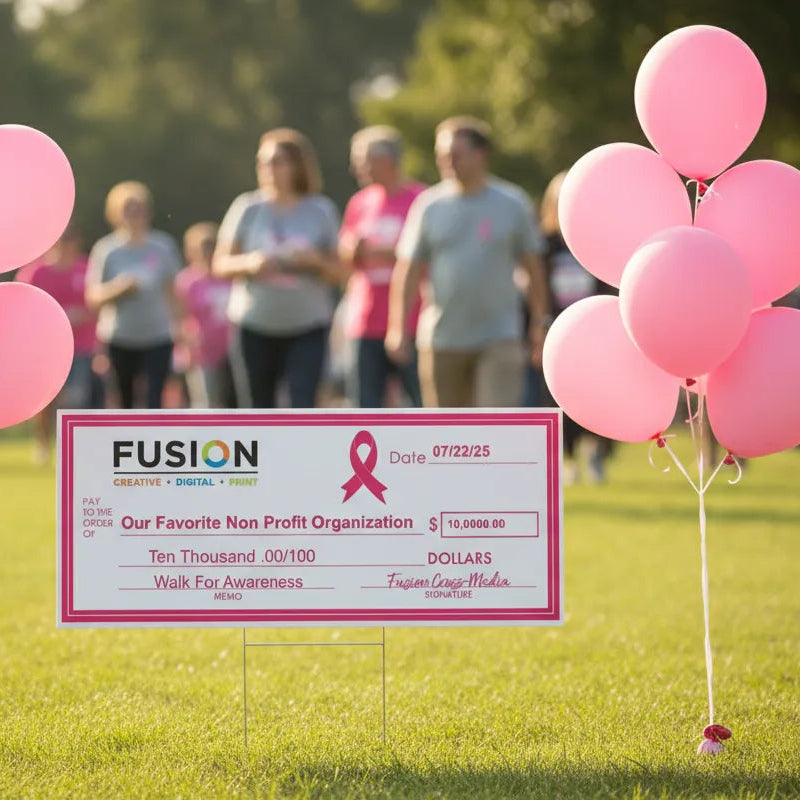 Large Presentation Check on display, printed on Corrugated Plastic for Breast Cancer Awareness fundraiser.
