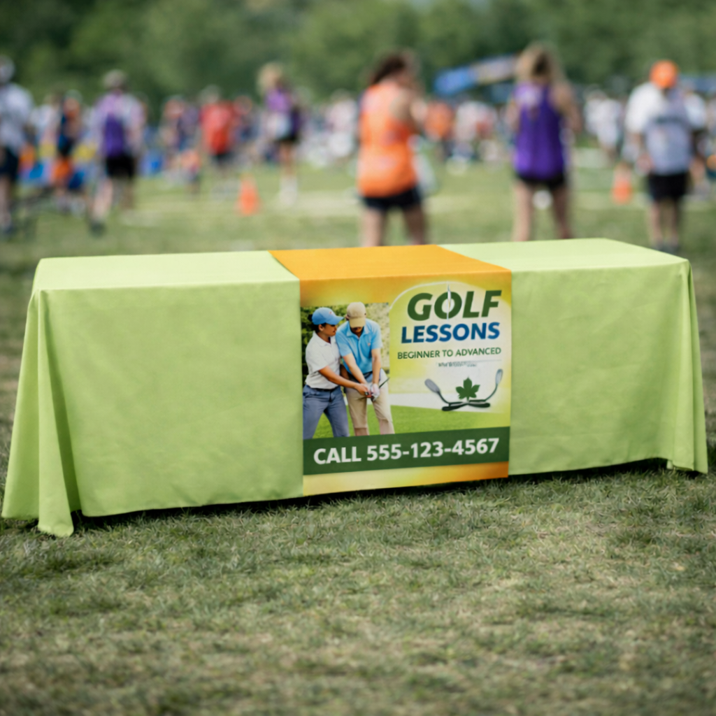 36 Inch Table Runner over a green tablecloth at an outdoor event.