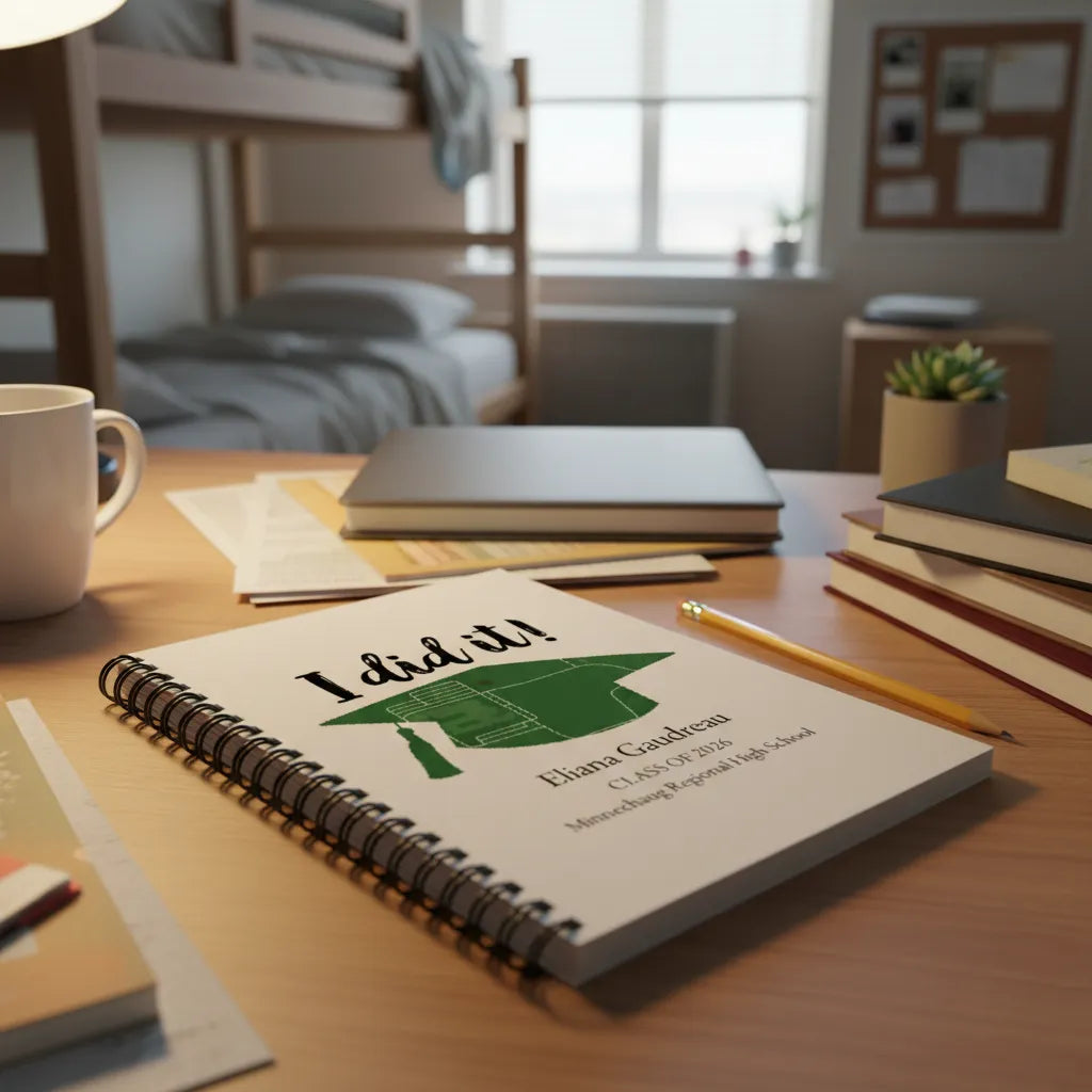 Personalized 5.5 x 8.5 graduation planner and journal for high school seniors and graduates.