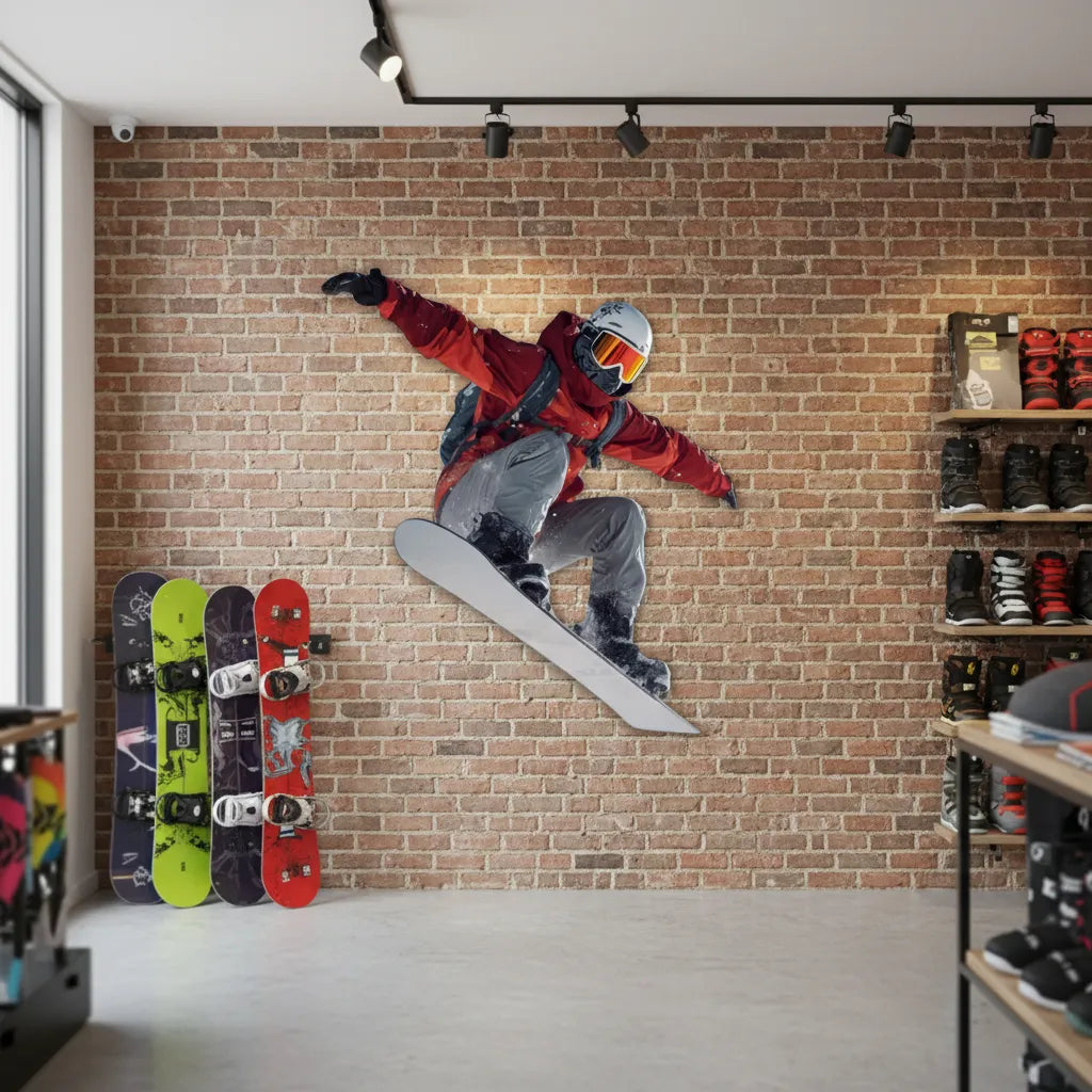 A person on a snowboard cutout sign against a brick wall in a snowboard shop.