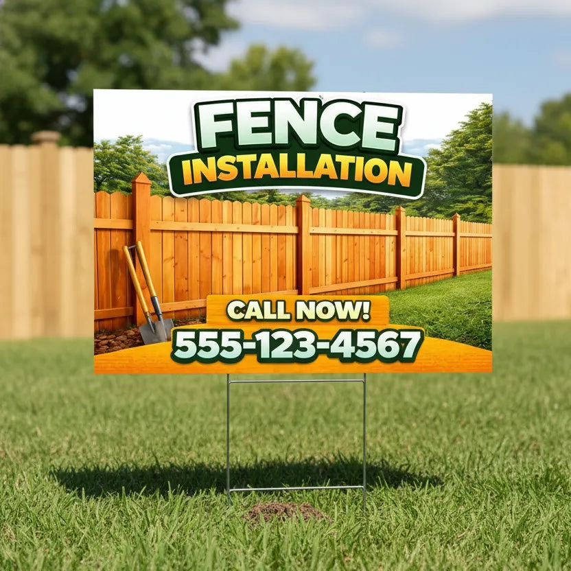 Pool installation sign on a lawn with a house in the background