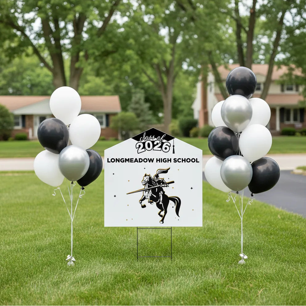 Personalized Class of 2026 graduation lawn sign featuring three custom student photos, college logo, major and name on a modern yard display with high school logo on the back.