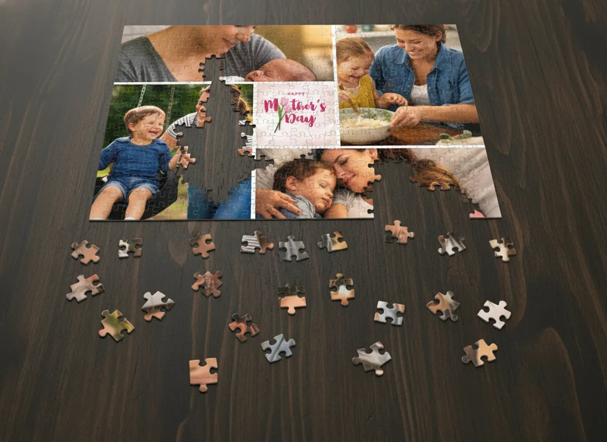 Jigsaw puzzle with family photos and a 'Happy Mother's Day' card on a wooden surface.