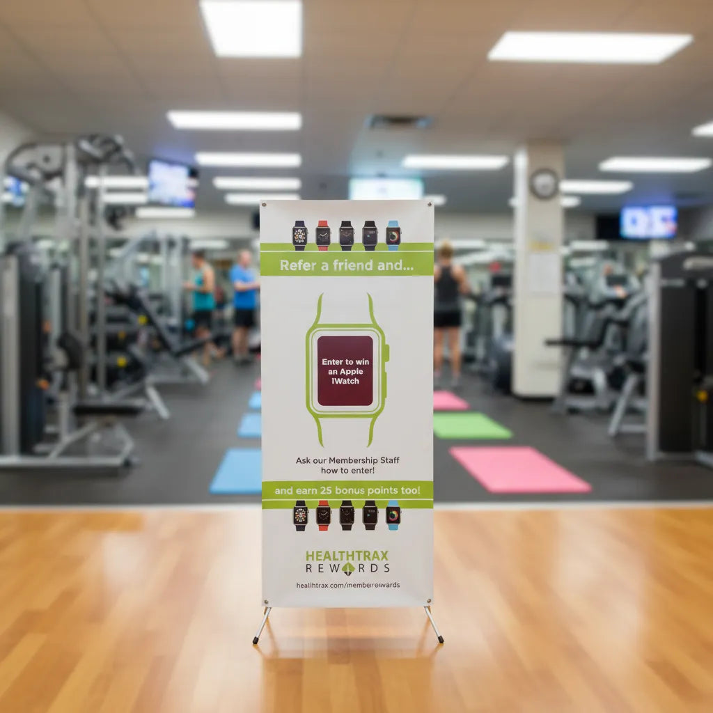 Promotional banner for HealthTrax Rewards in a gym setting