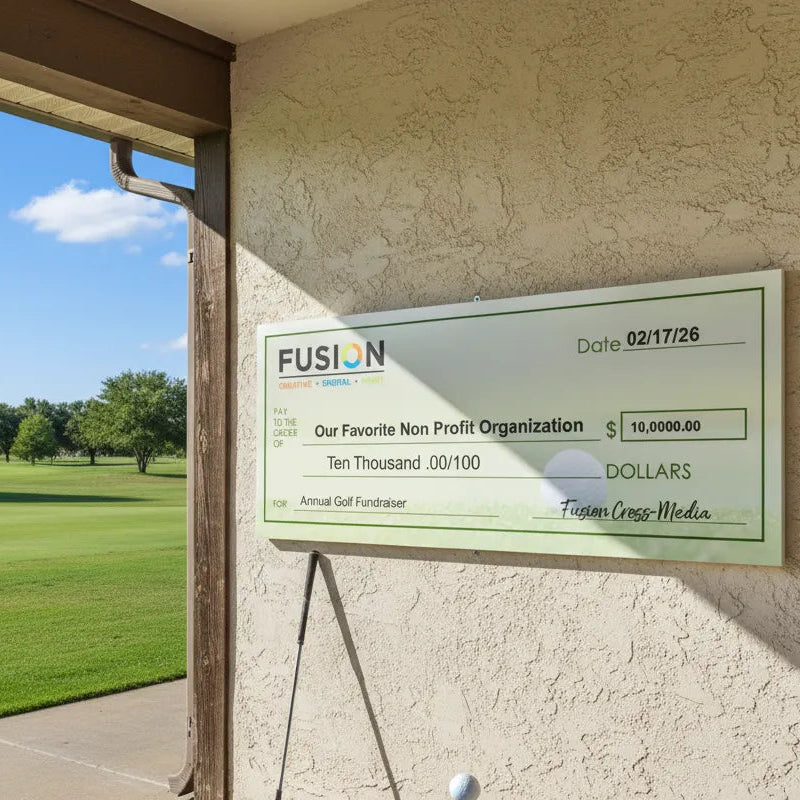 A giant golf presentation check handing outside a golf club.
