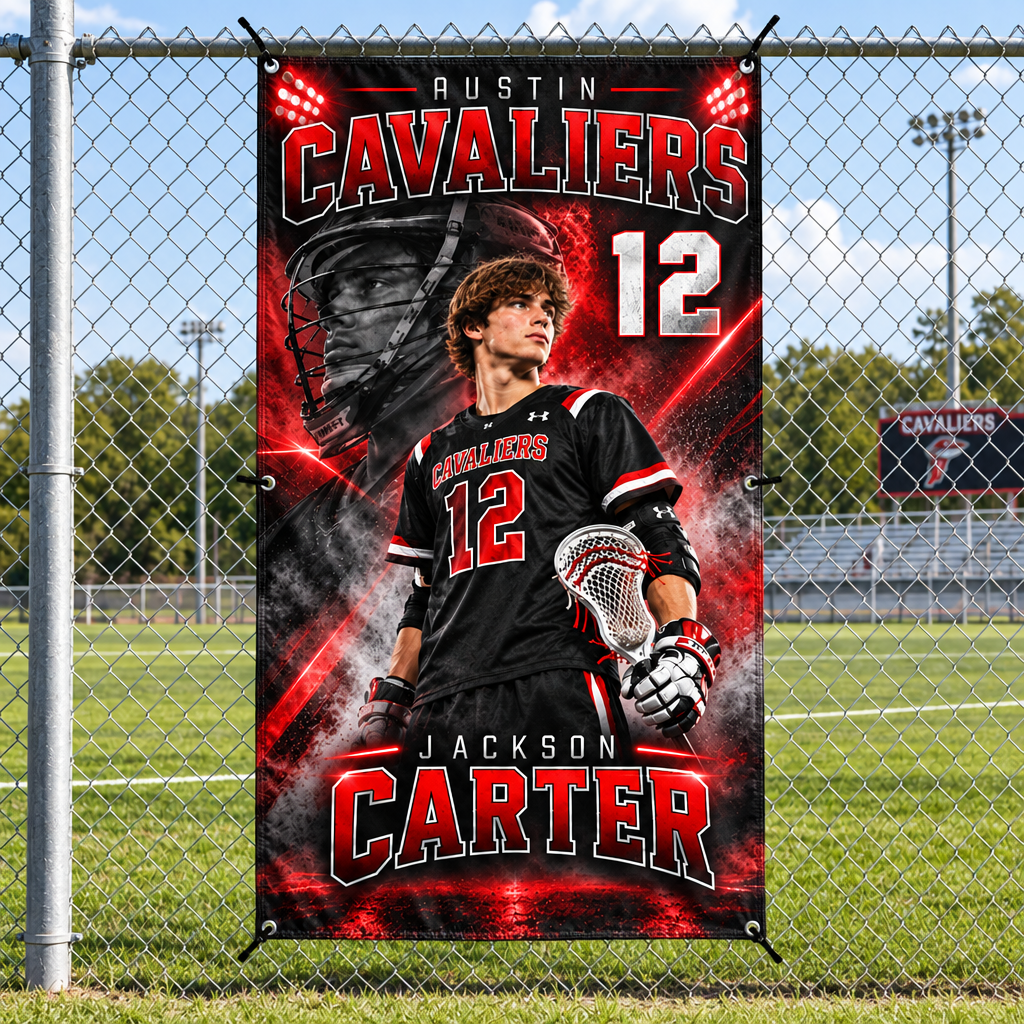 This image is AI, it depicts, a promotional sports poster for Austin Cavaliers player Jackson Carter, showing a young lacrosse player in a black and red jersey with the number 12, holding a lacrosse stick. Large stylized text reads 'RUSTIN CAVALIERS' at the top and 'JACKSON CARTER' at the bottom, with red dramatic lighting and smoke effects throughout.