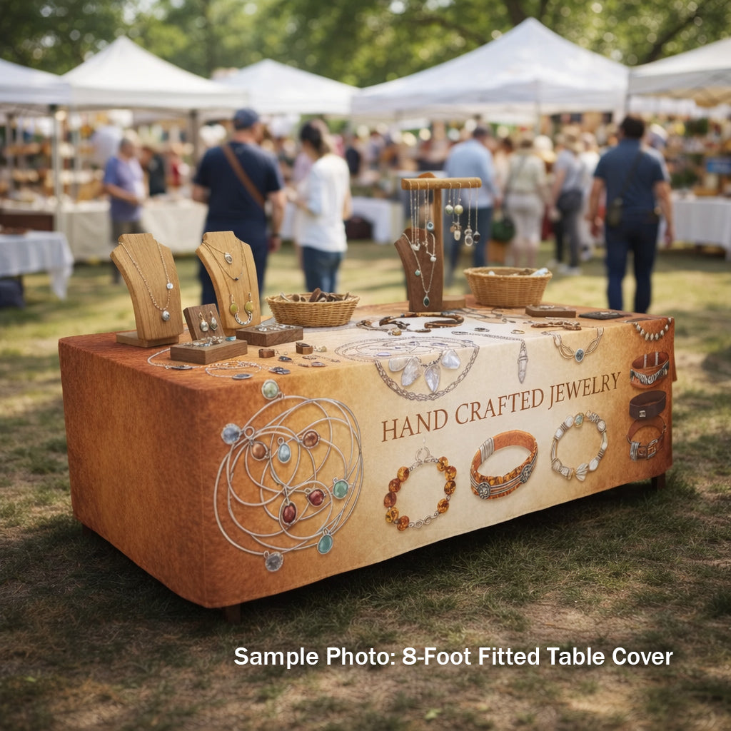8-Foot Fitted Table Cover for hand crafted jewelry at a craft fair.