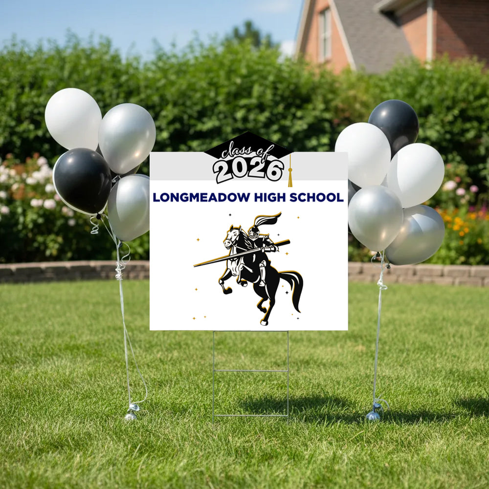 Personalized Class of 2026 graduation lawn sign featuring one custom student photo, college logo, and name on a modern yard display with high school logo on the back.