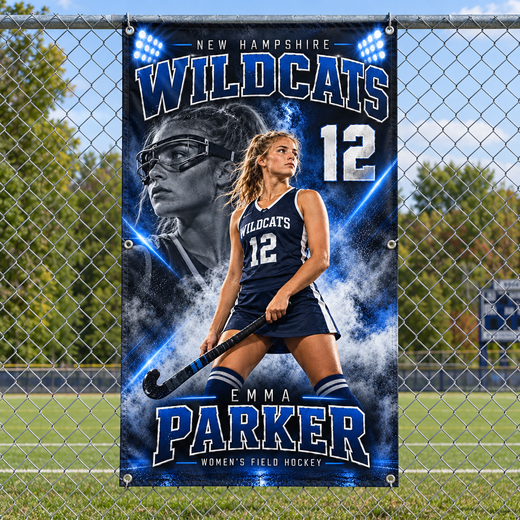 Promotional sports poster for Emma Parker, a New Hampshire Wildcats women's field hockey player. The graphic features a dynamic portrait of Emma Parker in her navy-and-white uniform holding a hockey stick, with a faded black-and-white portrait of her wearing protective goggles in the background. The image is AI-generated.
