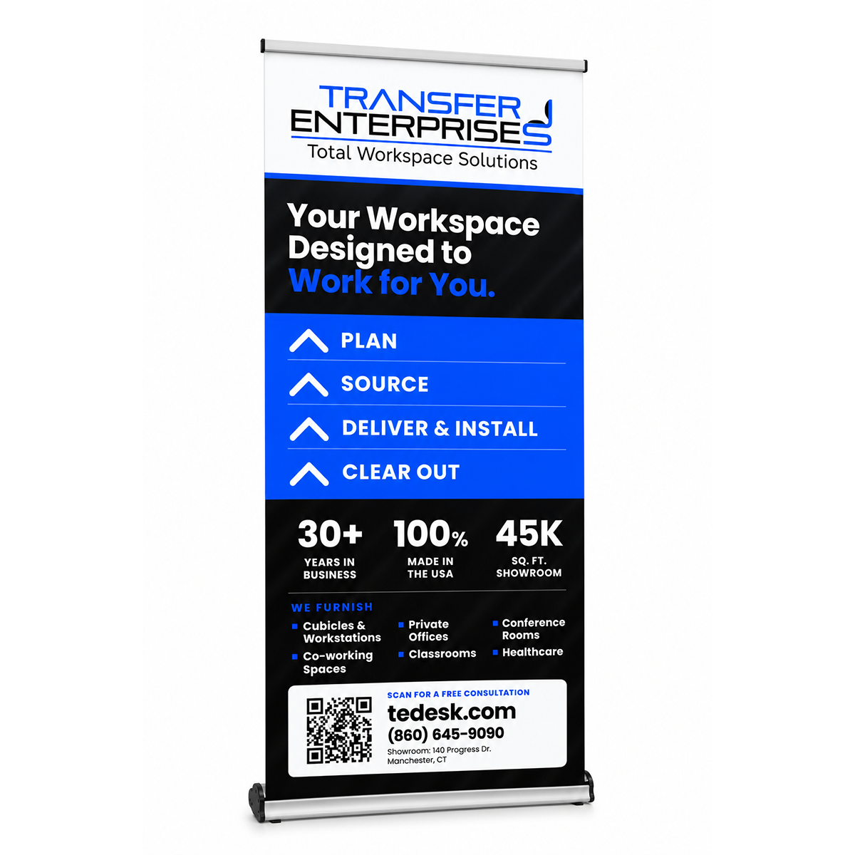 A vertical retractable banner stand displaying a promotional sign for Transfer Enterprises. The sign features a white, black, and blue color scheme with text about workspace solutions, service points, and contact information for Tedesk.
