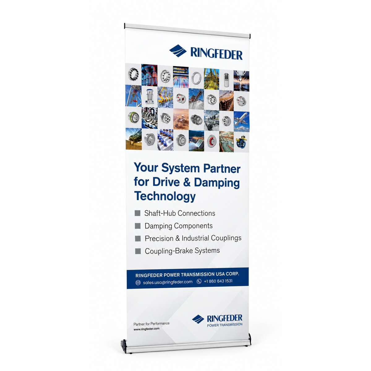 A Ringfeder branded vertical pull-up banner stand displaying promotional text and a collage of small technical product photos on a white background.