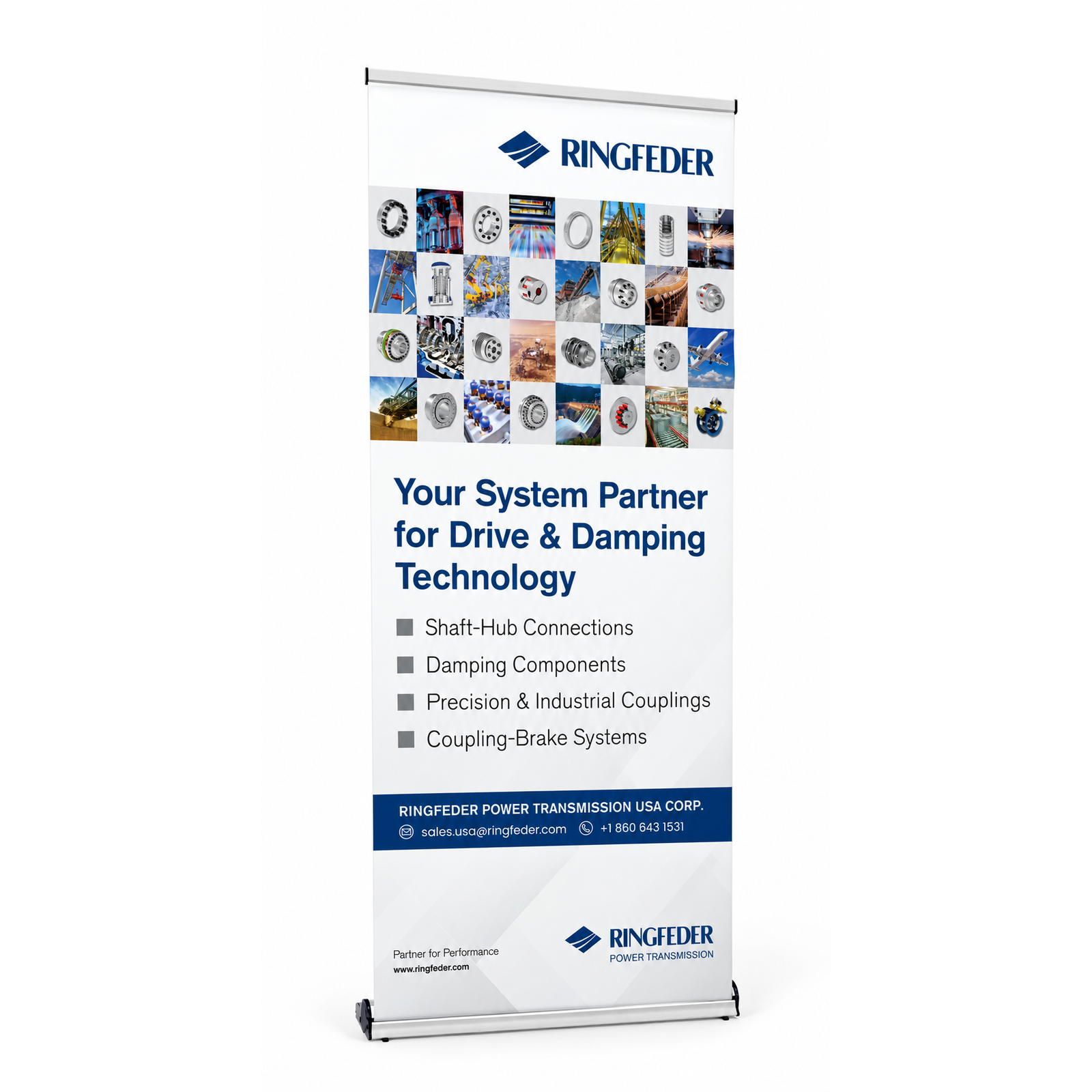 A Ringfeder branded vertical pull-up banner stand displaying promotional text and a collage of small technical product photos on a white background.