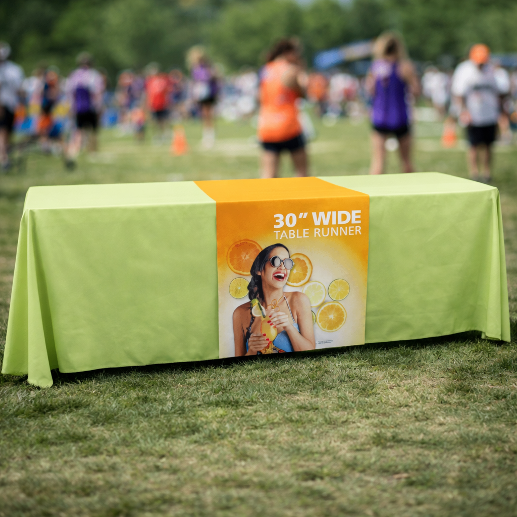 30 inch wide table runner on a standard folding table at a running event.