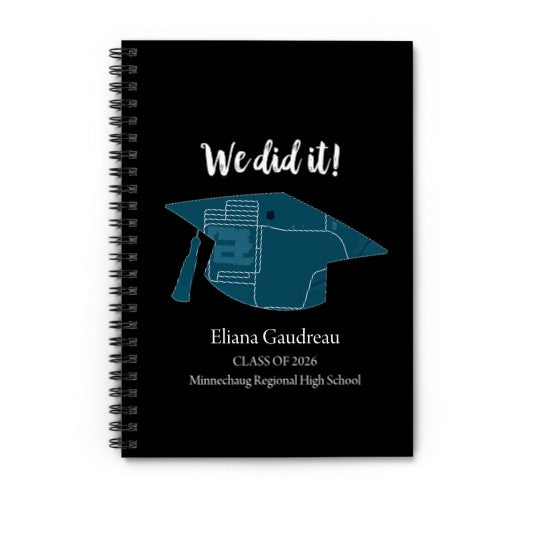 Custom black color spiral graduation notebook with 'I Did It!' design and personalized student name.