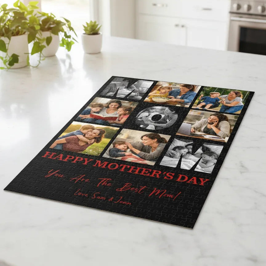 Puzzle featuring nine photos for Mother's Day on a kitchen counter.