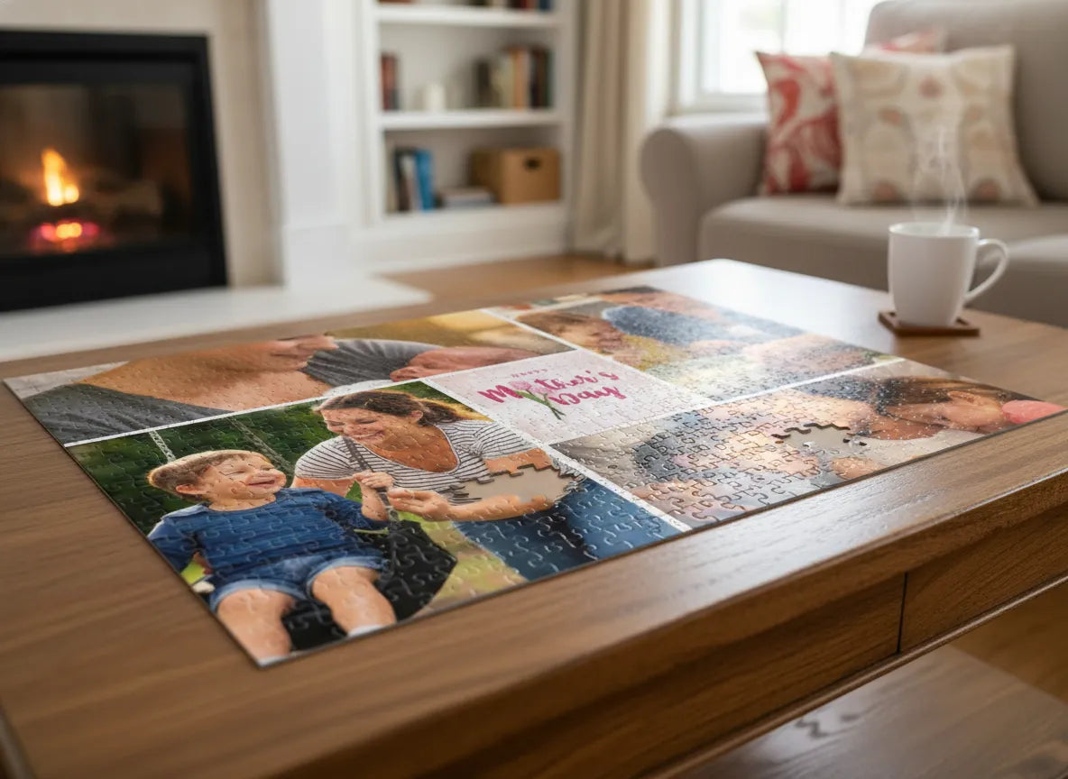 Collage of family photos on a wooden table in a cozy living room.