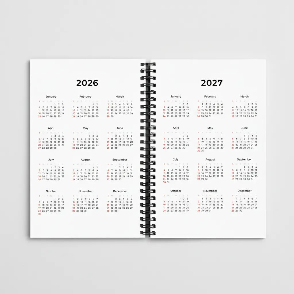 Interior view of the personalized journal showing a 2026 and 2027 calendar printed on the inside front and back covers.