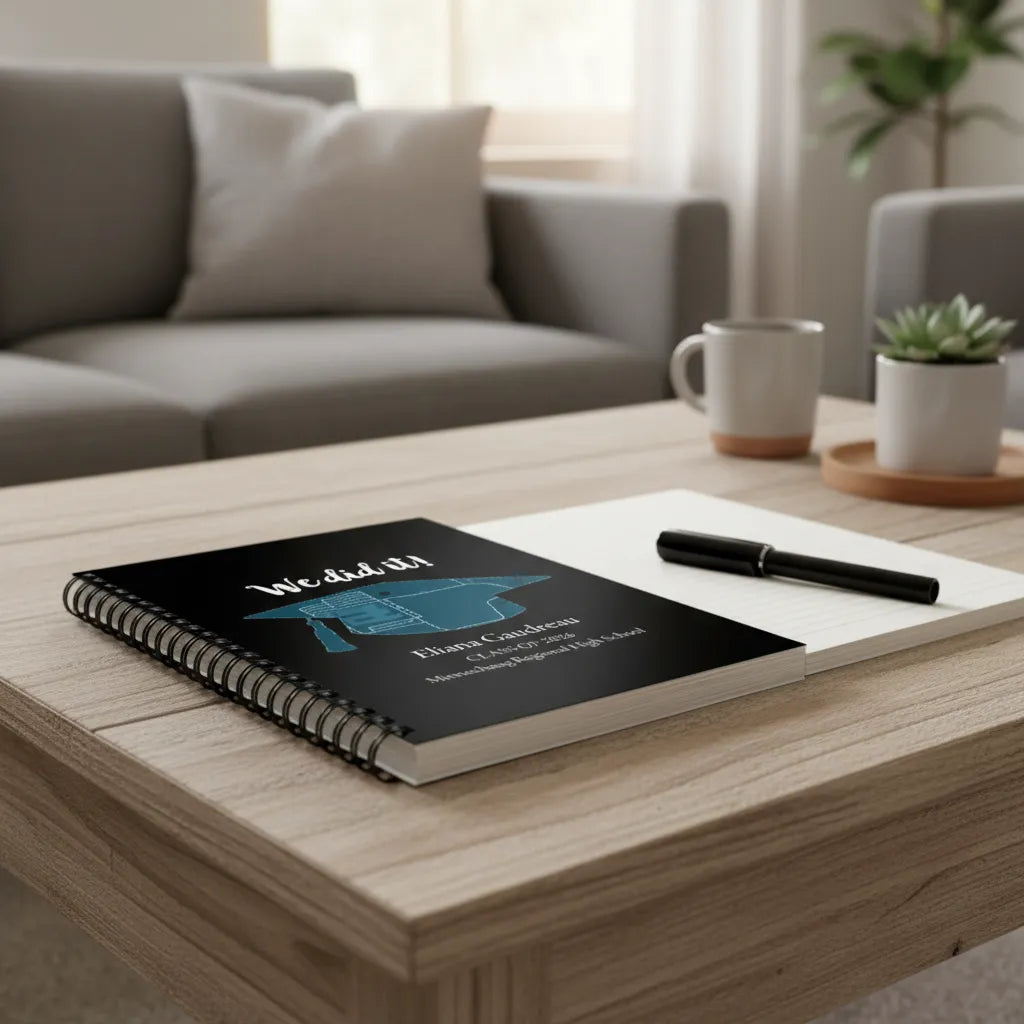 Personalized 5.5 x 8.5 graduation planner and journal for high school seniors and graduates.