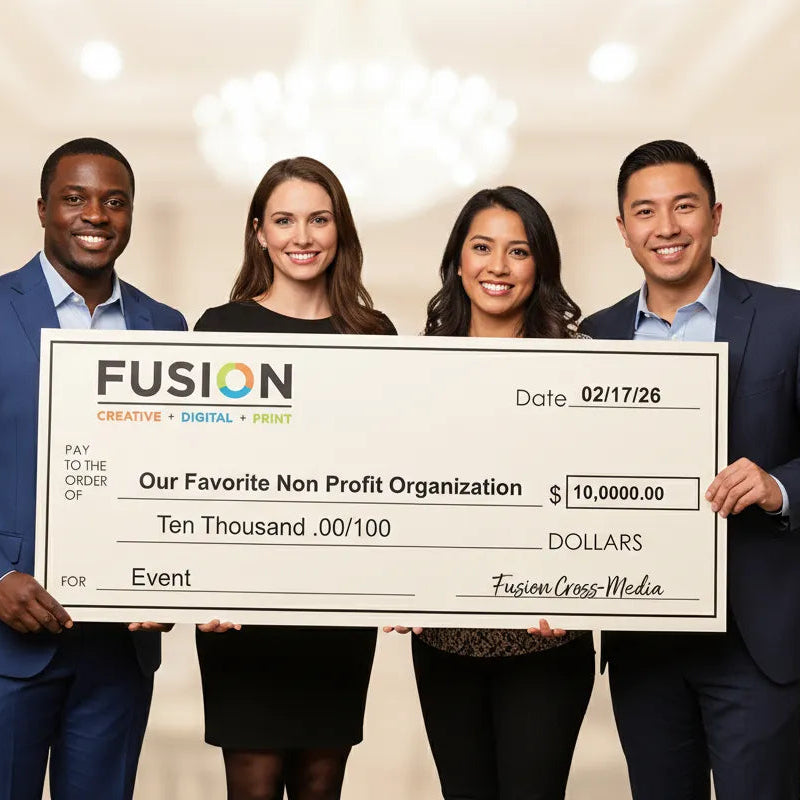 Four people holding a large check with 'Fusion' printed on it against a blurred indoor background.