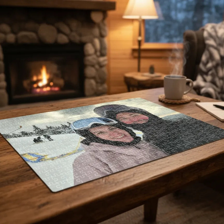 Table with a puzzle featuring two people, a fireplace in the background