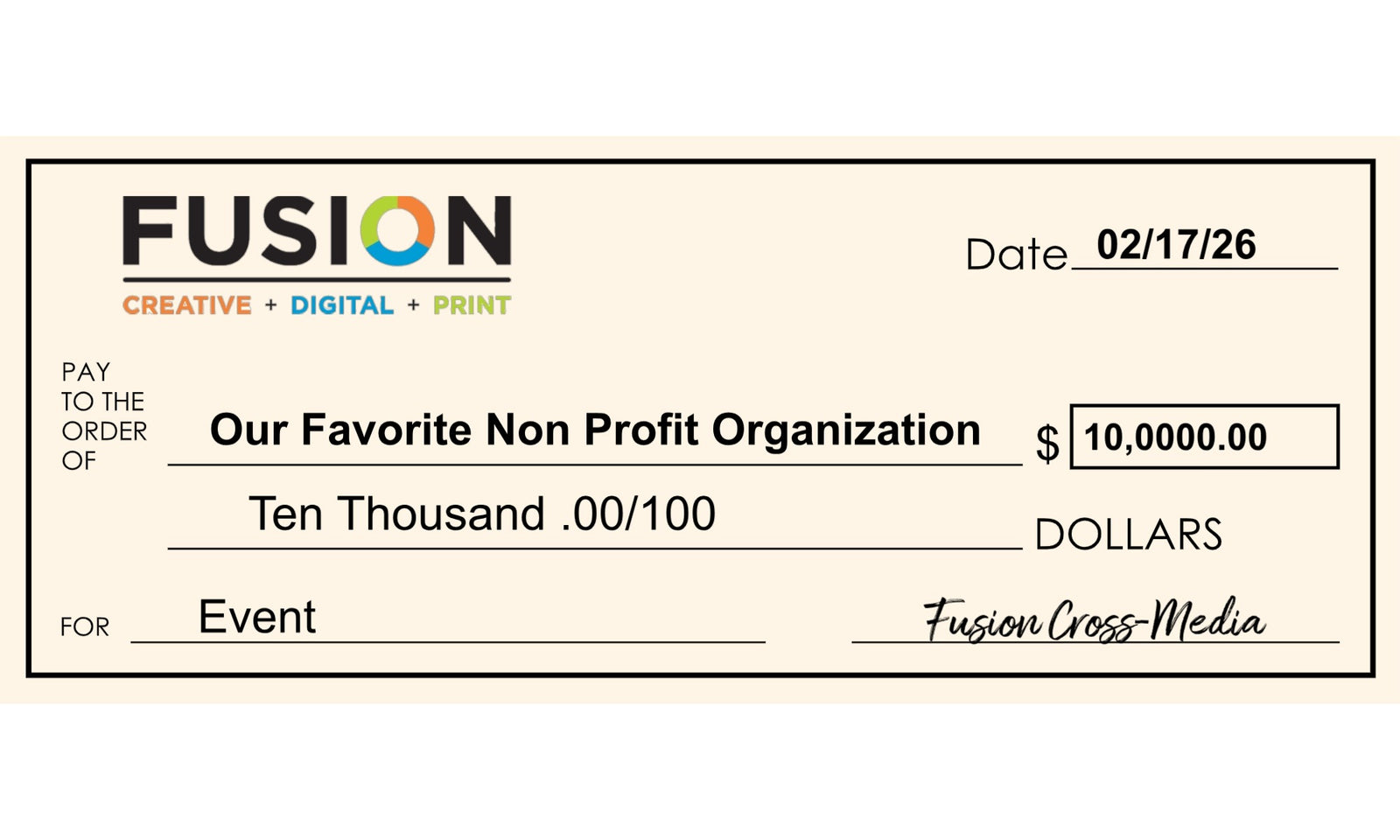 Four people holding a large check with 'Fusion' printed on it against a blurred indoor background.