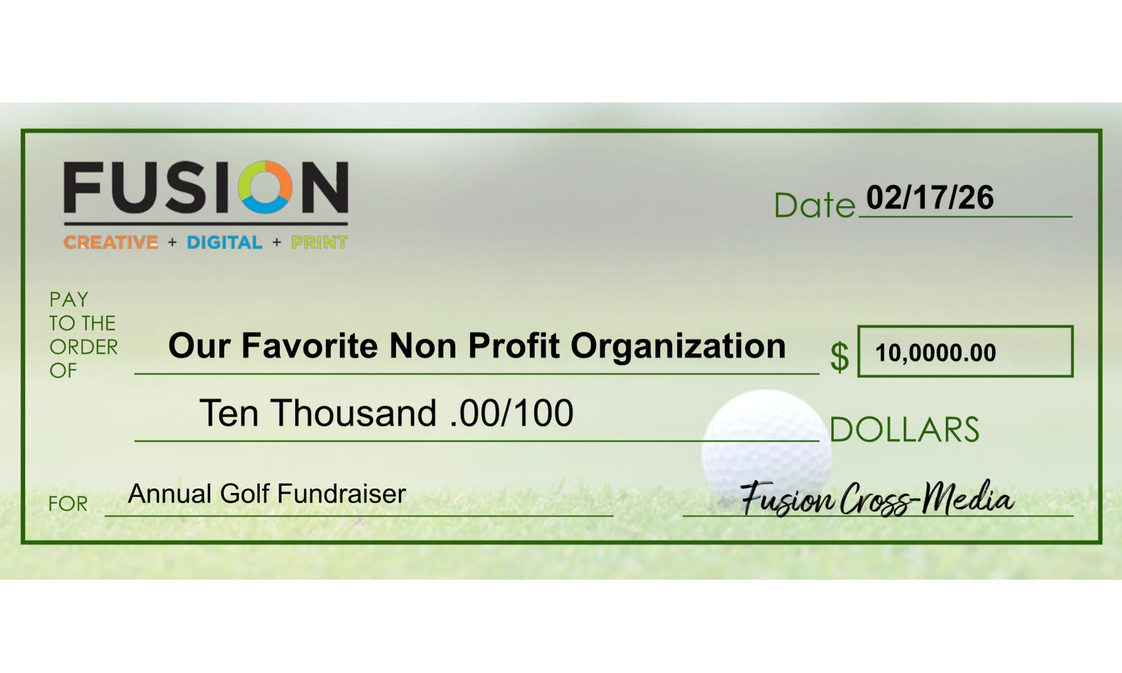 A giant golf presentation check handing outside a golf club.