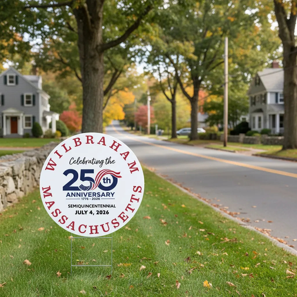 Lawn Sign Celebrating the United States 250th Anniversary proudly in Wilbraham, Massachusetts near a rock wall.