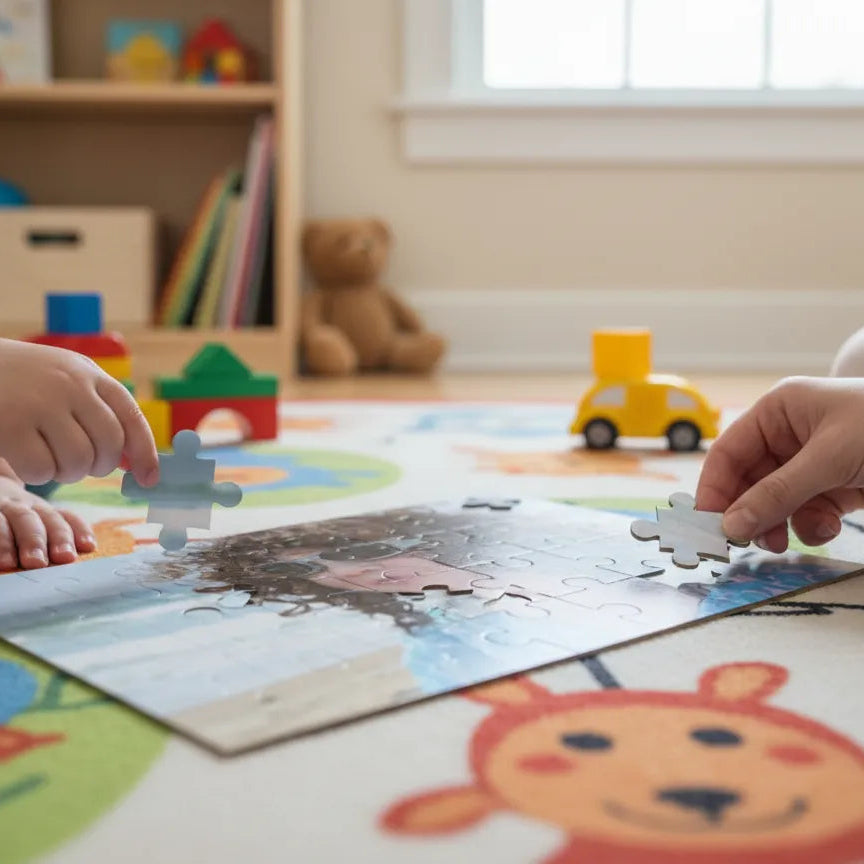 Children playing with a custom printed photo puzzle.