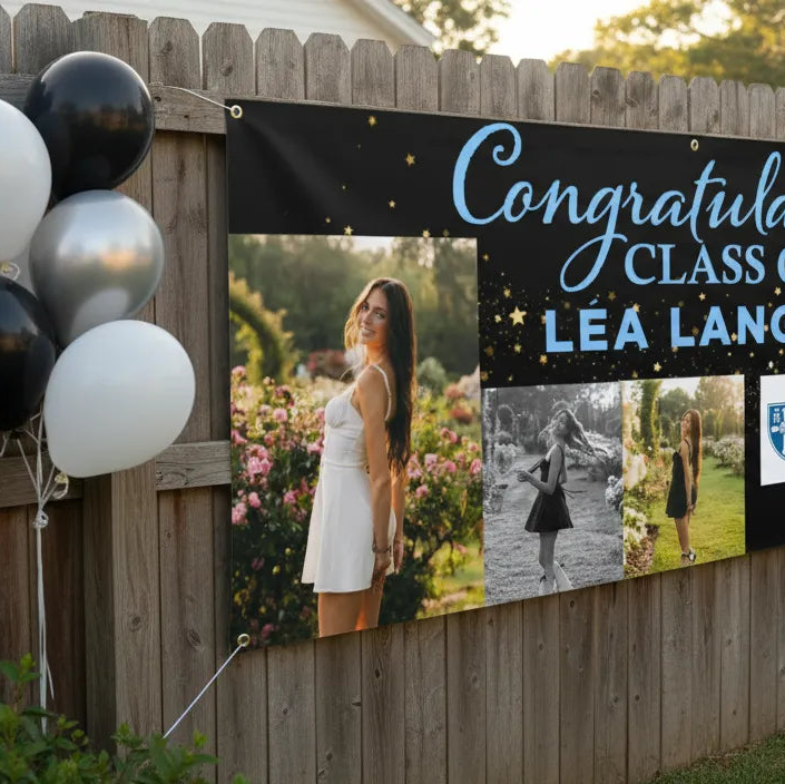 A personalized Class of 2026 graduation photo banner featuring three photos, college branding and student major, shown as outdoor party décor on a fence with balloons.
