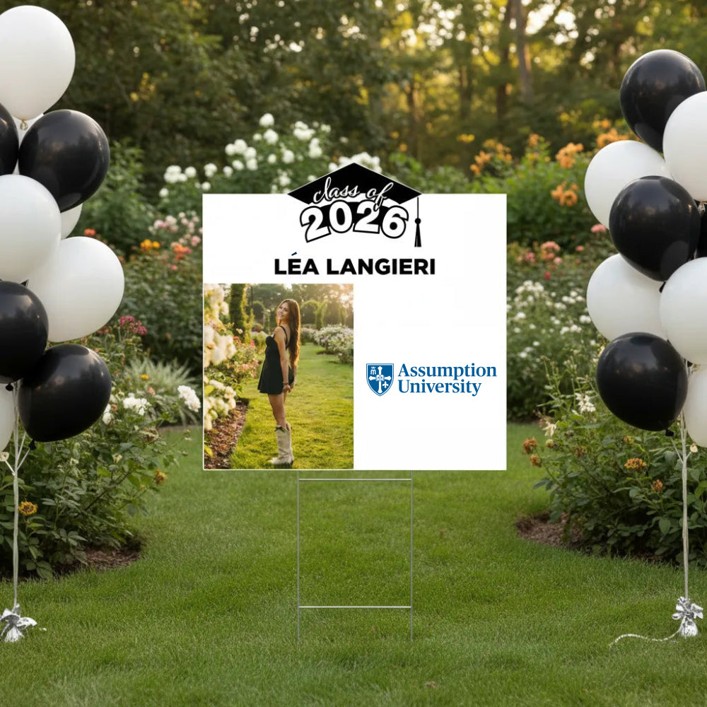 Personalized Class of 2026 graduation lawn sign featuring one custom student photo, college logo, and name on a modern yard display with high school logo on the back.