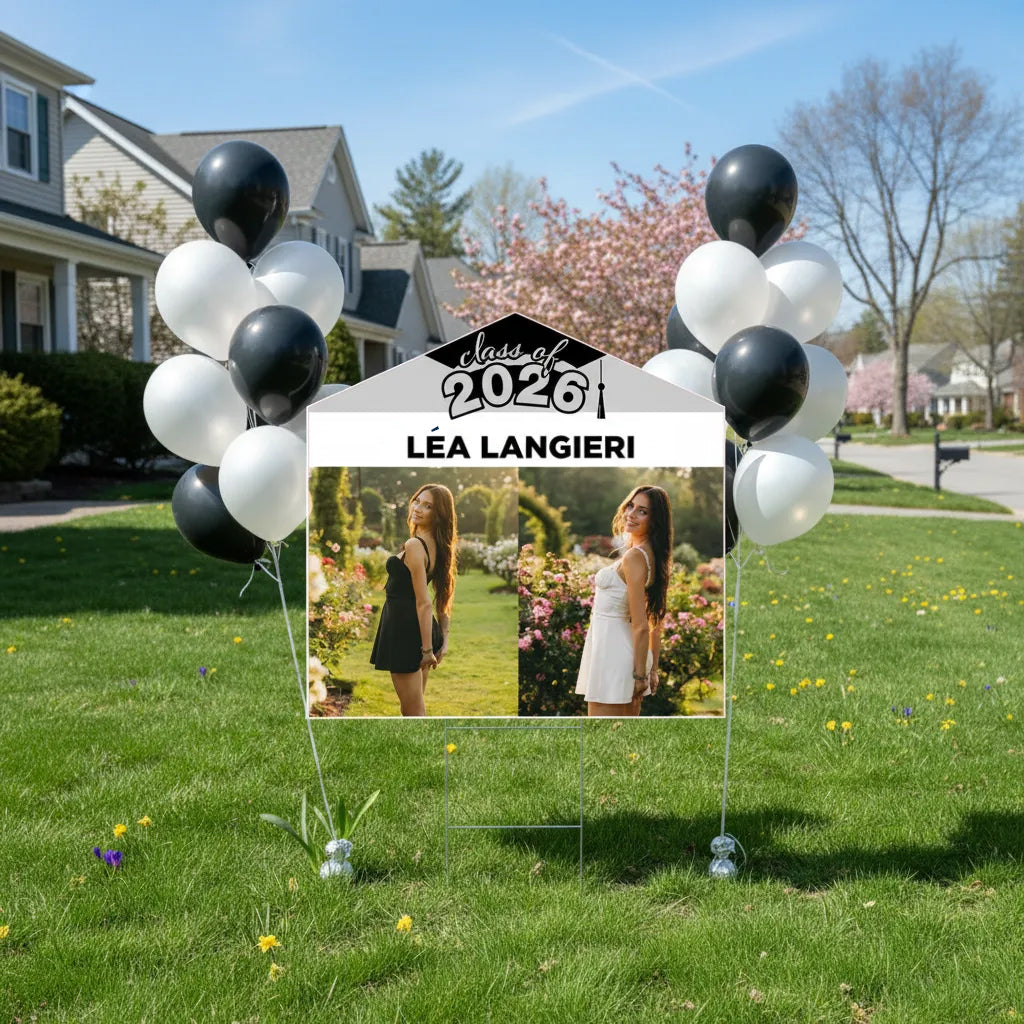 Personalized Class of 2026 graduation lawn sign featuring two custom student photos and name on a modern yard display.