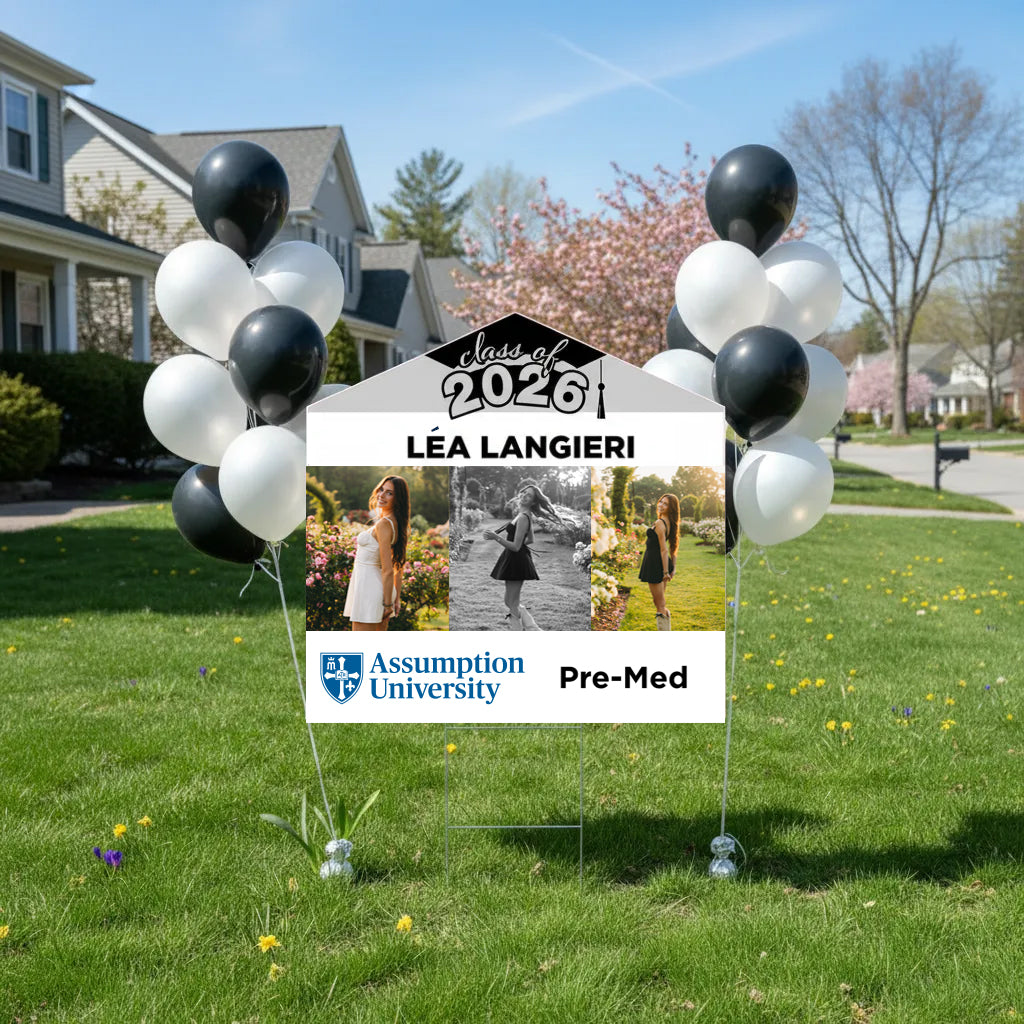 Personalized Class of 2026 graduation lawn sign featuring three custom student photos, college logo, major and name on a modern yard display with high school logo on the back.