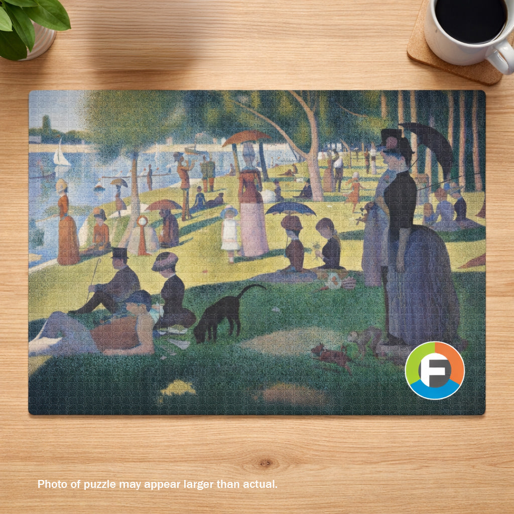 Jigsaw puzzle of a park scene with people and dogs on a wooden surface, featuring a brand logo.