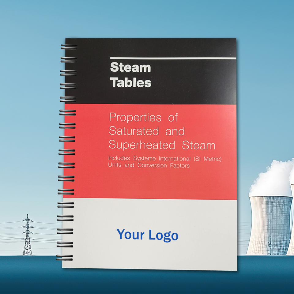Customize this wire-bound, 46-page Steam Tables reference book with your company logo. Includes ASME-adopted properties for saturated and superheated steam, absolute pressure data (.08865 to 15,500 LB/Sq In.), SI Metric units, and a large 11.25" x 19" fold-out Mollier Diagram.